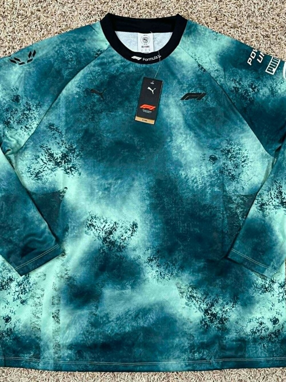 PUMA F1 Formula 1 Men’s Long Sleeve Jacquard Motorsports Tee Teal Green, Size XL